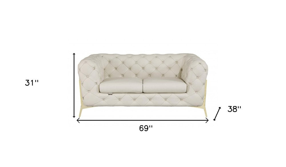 69" Beige And Gold Italian Leather Loveseat