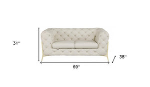 69" Beige And Gold Italian Leather Loveseat