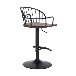 Brown And Black Solid Wood And Iron Low Back Adjustable Height Bar Chair