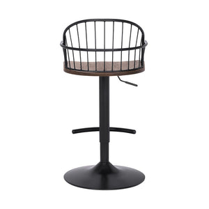Brown And Black Solid Wood And Iron Low Back Adjustable Height Bar Chair