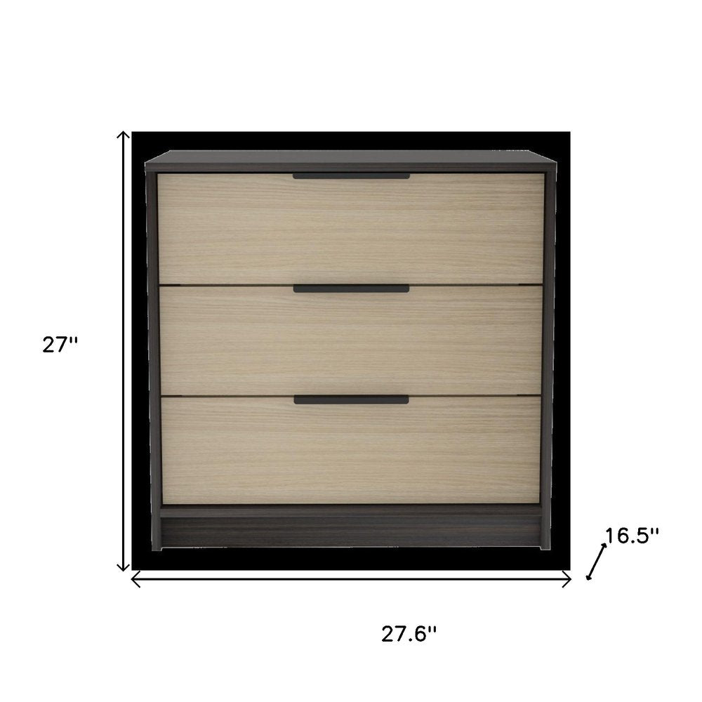 28" Brown And Black Wood Three Drawer Dresser