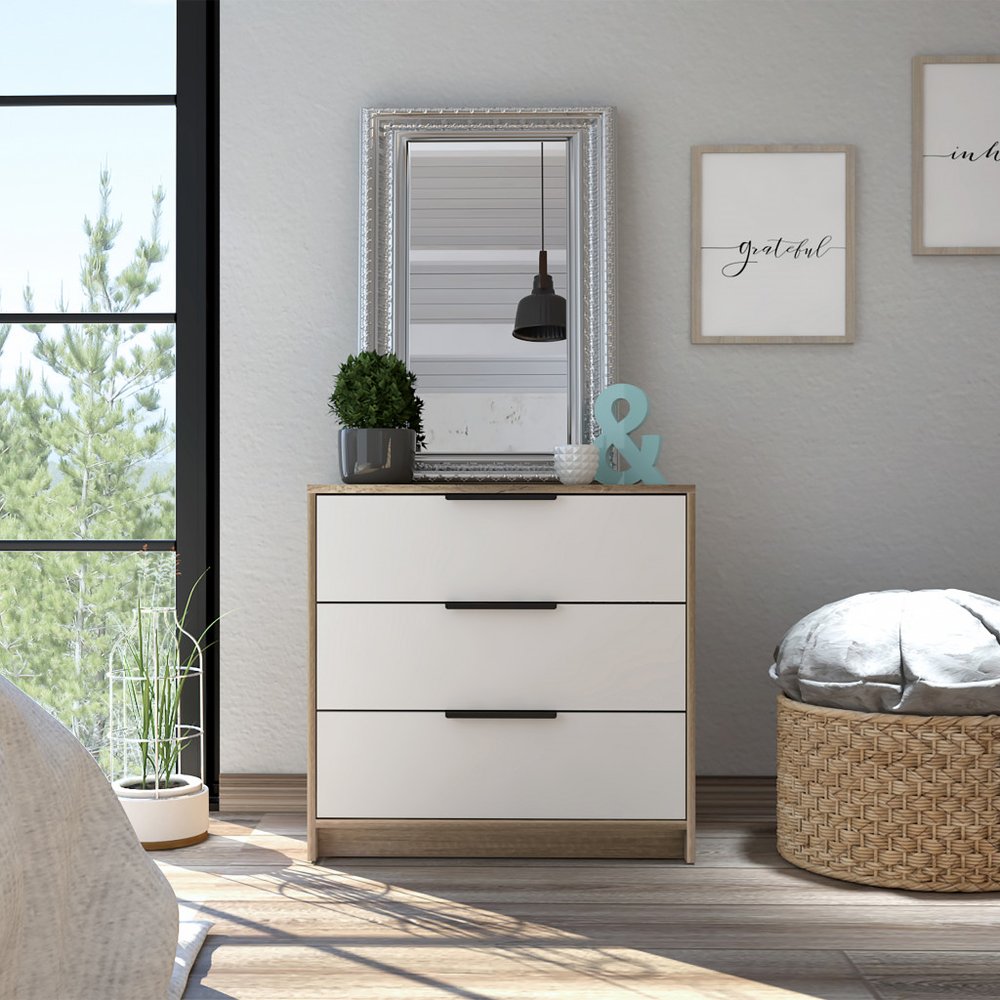 28" Brown And White Three Drawer Dresser