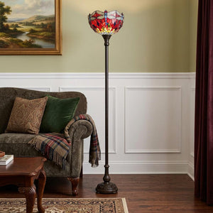 69" Black And Red Torchiere Floor Lamp With Red Dragonfly Glass Dome Shade