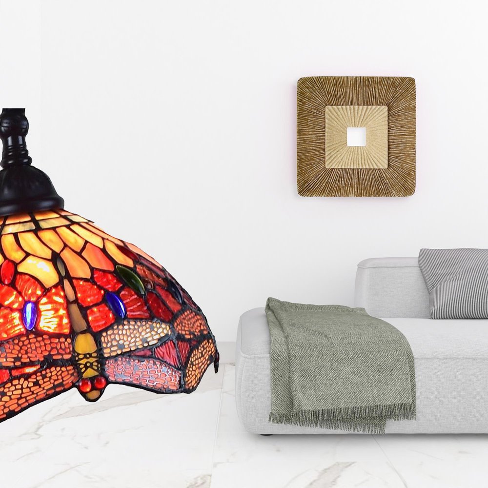 61" Black And Red Torchiere Floor Lamp With Red Dragonfly Glass Dome Shade