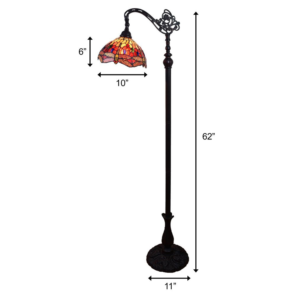 61" Black And Red Torchiere Floor Lamp With Red Dragonfly Glass Dome Shade
