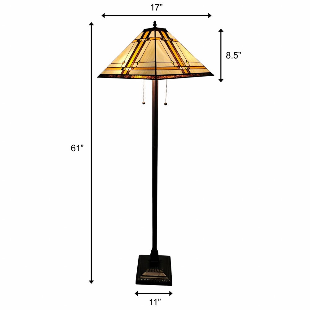 62" Brown And White Two Light Floor Lamp With Brown And White Glass Cone Shade