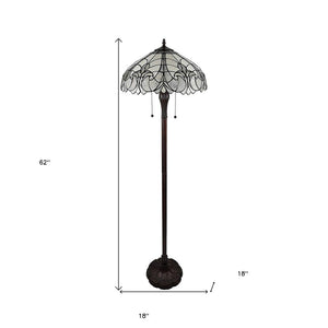 62" Dark Brown Two Light Torchiere Floor Lamp With White Fleur de Lis Glass Dome Shade