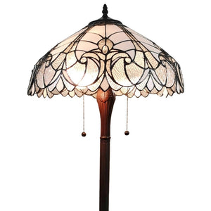 62" Dark Brown Two Light Torchiere Floor Lamp With White Fleur de Lis Glass Dome Shade