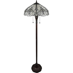 62" Dark Brown Two Light Torchiere Floor Lamp With White Fleur de Lis Glass Dome Shade