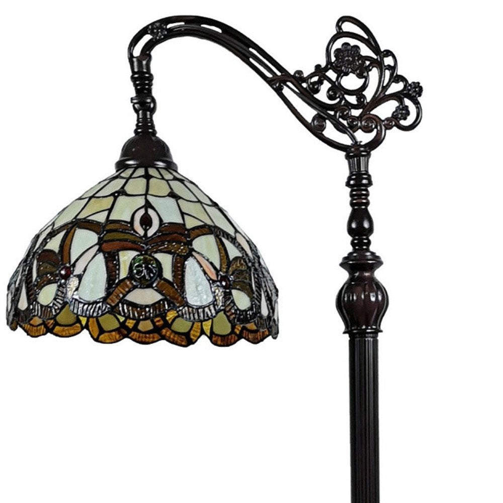 62" Brown Metal Arched Floor Lamp With Amber and Red Flowers Stained Glass Shade