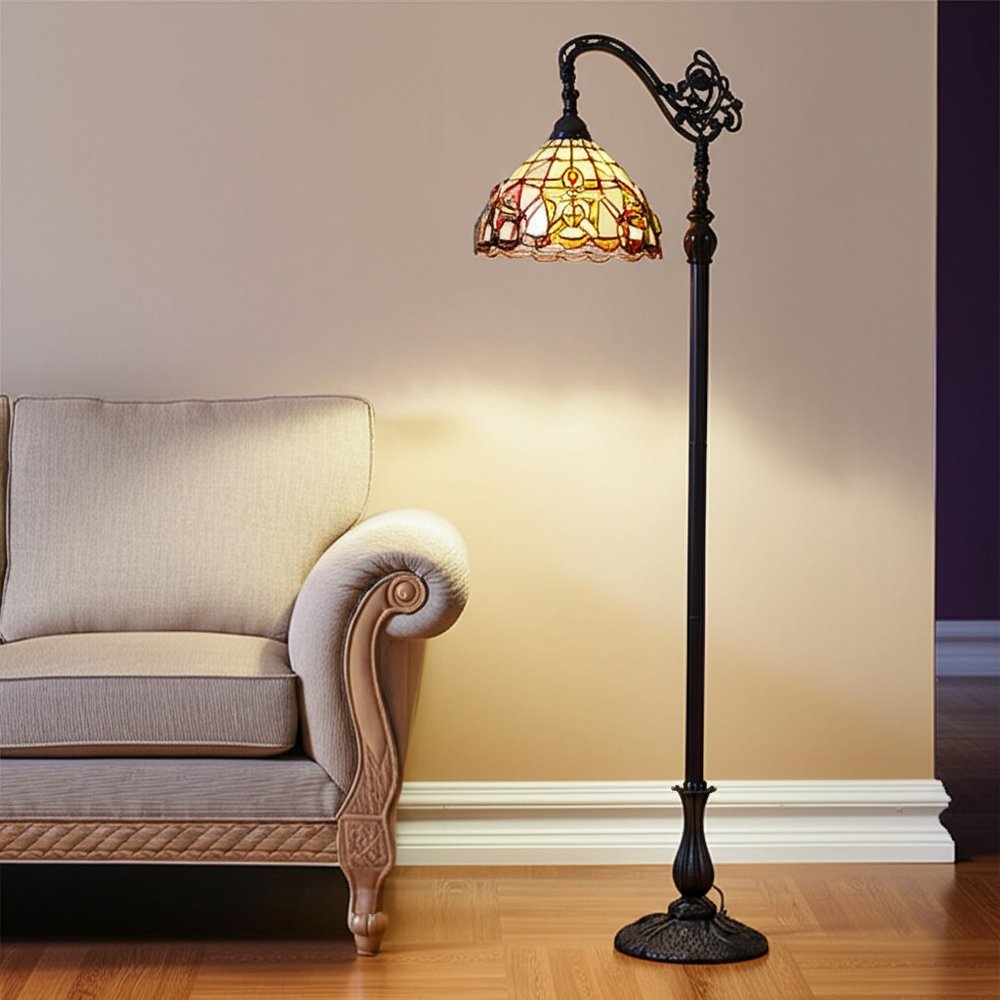 62" Brown Metal Arched Floor Lamp With Amber and Red Flowers Stained Glass Shade