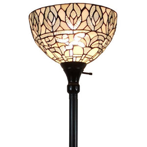 62" Brown And White Torchiere Floor Lamp With White Peacock Feather Glass Dome Shade