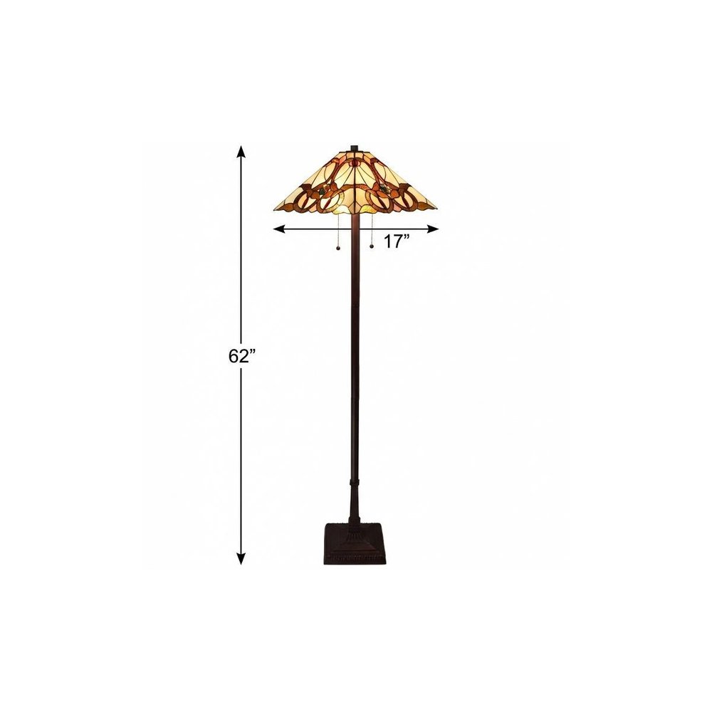 62" Beige Two Light Floor Lamp With Brown And White Glass Cone Shade
