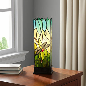 18" Dark Brown Table Lamp With Green and Black Shade
