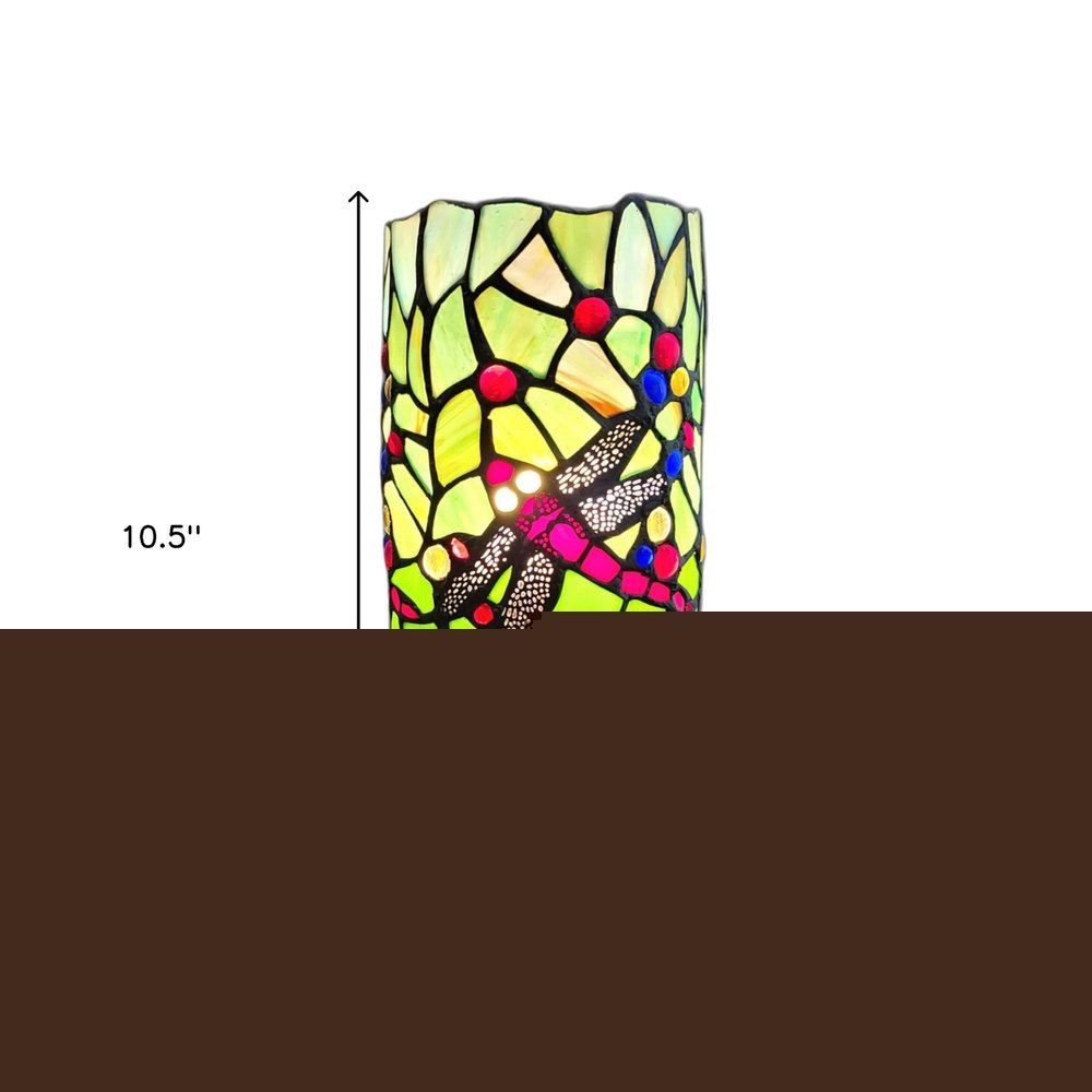 11" Green and Pink Dragonfly Stained Glass Accent Lamp