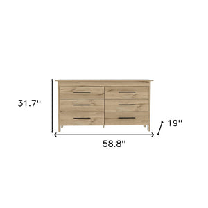 59" Natural and Black Six Drawer Double Dresser
