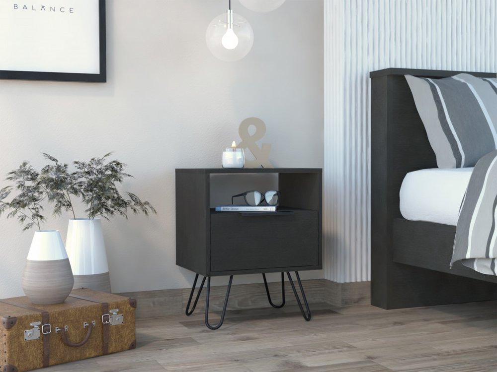 22" Black Wood One Drawer Nightstand