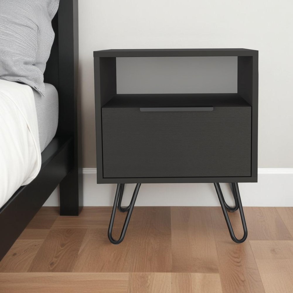 22" Black Wood One Drawer Nightstand