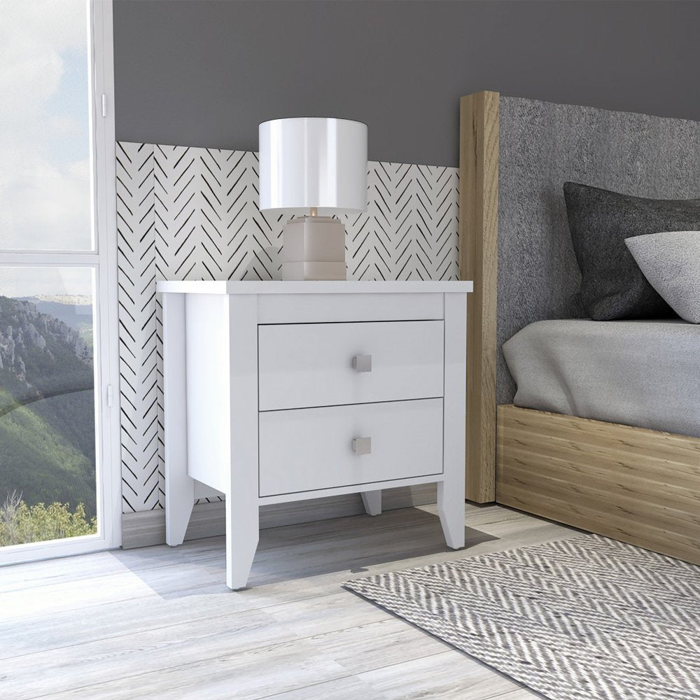 24" White Wood Two Drawer Nightstand