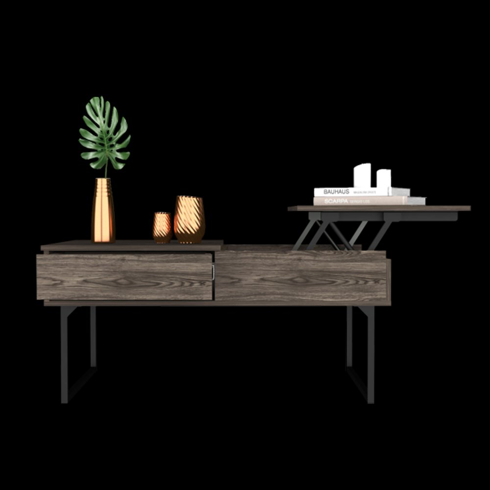40" Dark Brown And Black Metal Lift Top Coffee Table With Drawer