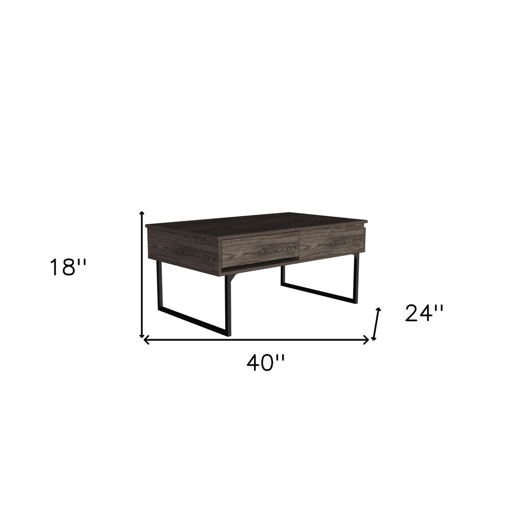 40" Dark Brown And Black Metal Lift Top Coffee Table With Drawer