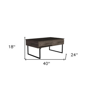 40" Dark Brown And Black Metal Lift Top Coffee Table With Drawer