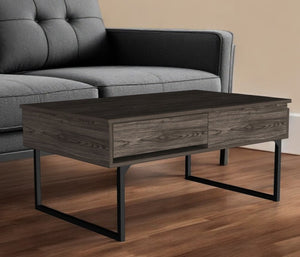40" Dark Brown And Black Metal Lift Top Coffee Table With Drawer