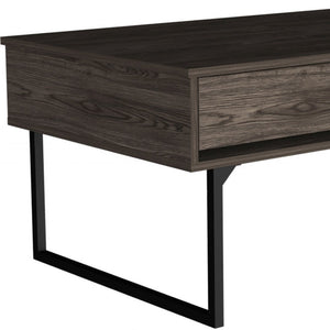 40" Dark Brown And Black Metal Lift Top Coffee Table With Drawer