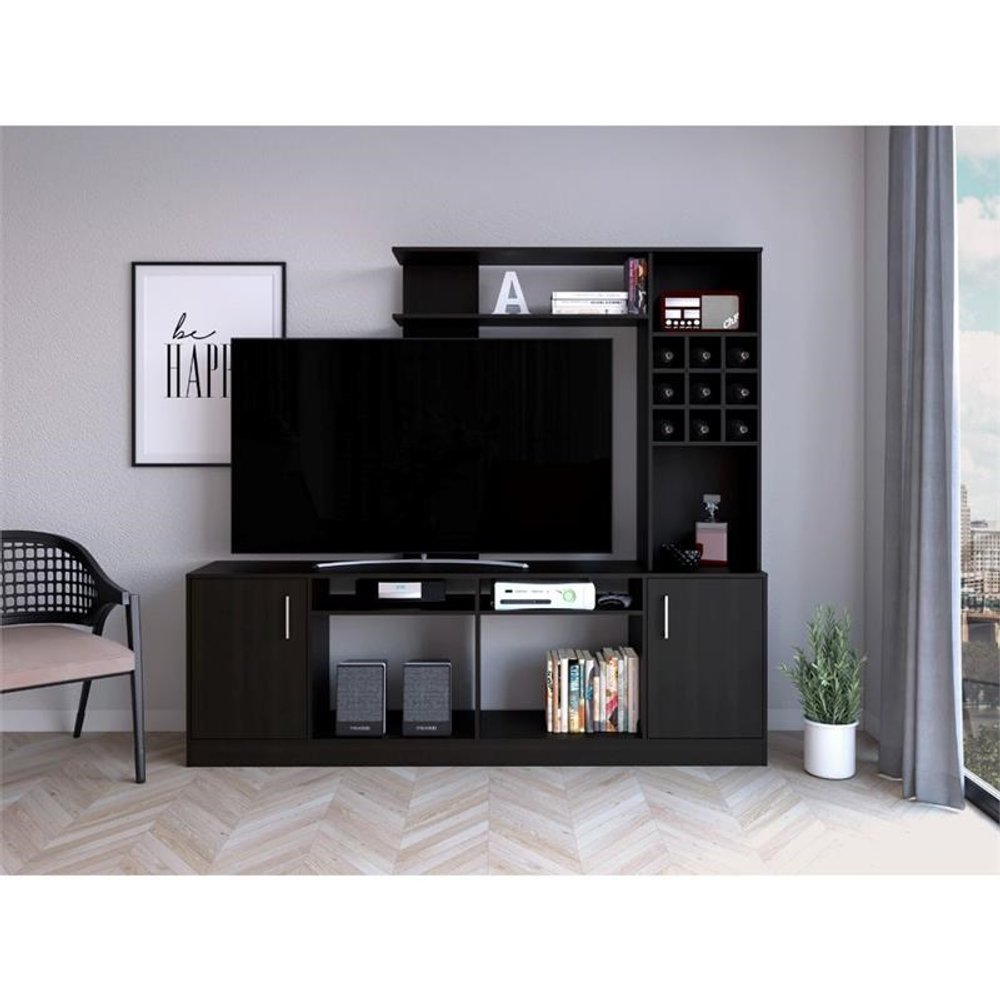 78" Black Wood Open shelving Entertainment Center
