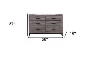 58" Gray Wood Six Drawer Double Dresser
