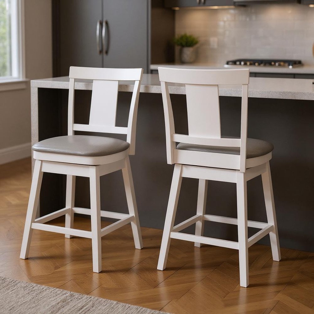 Set of Two 23 " Gray And White Faux Leather And Solid Wood Swivel Counter Height Bar Chairs