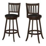 Set of Two 29" Black and Espresso Faux Leather and Solid Wood Bar Height Swivel Bar Chairs