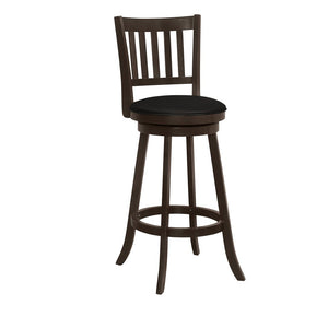 Set of Two 29" Black and Espresso Faux Leather and Solid Wood Bar Height Swivel Bar Chairs