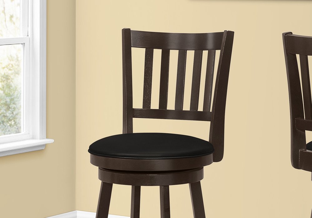 Set of Two 29" Black and Espresso Faux Leather and Solid Wood Bar Height Swivel Bar Chairs