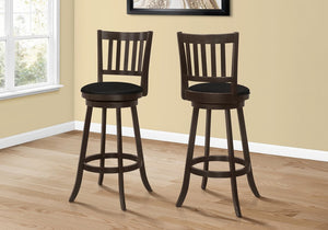 Set of Two 29" Black and Espresso Faux Leather and Solid Wood Bar Height Swivel Bar Chairs