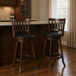 Set of Two 29" Black and Espresso Faux Leather and Solid Wood Bar Height Swivel Bar Chairs