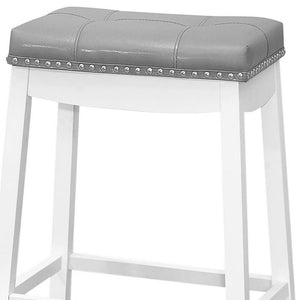 Set of Two 30" Gray And White Faux Leather And Fabric And Solid Wood Backless Bar Height Bar Chairs