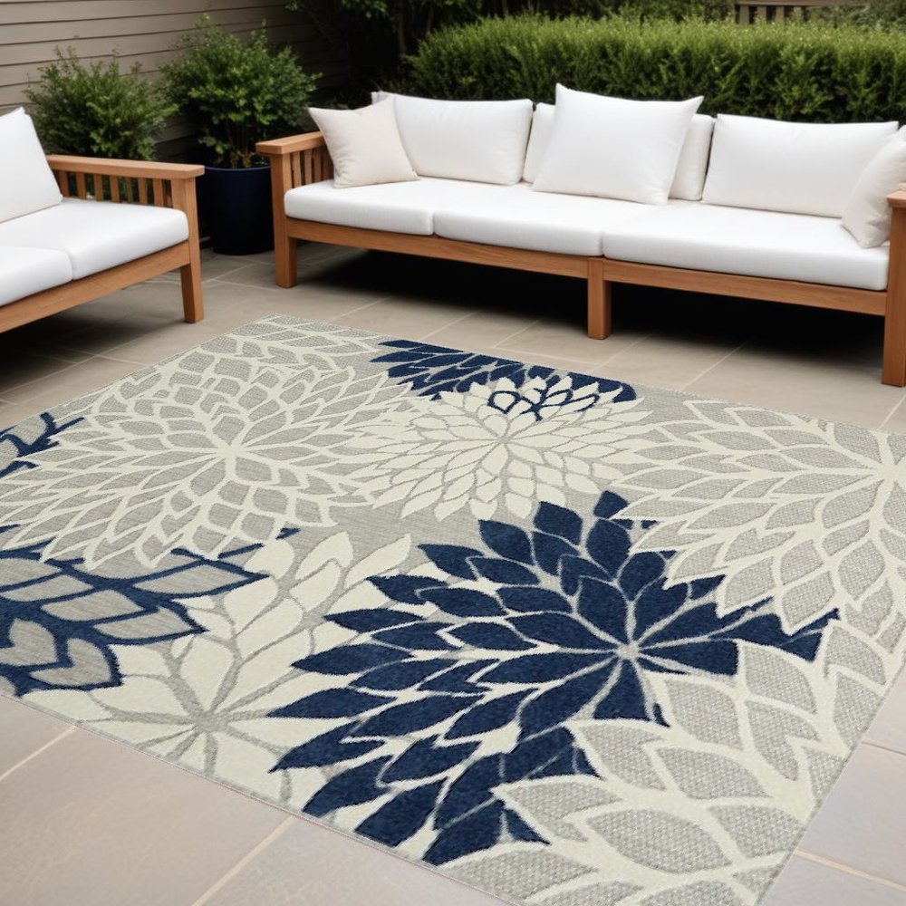 10' X 13' Ivory And Blue Indoor Outdoor Area Rug