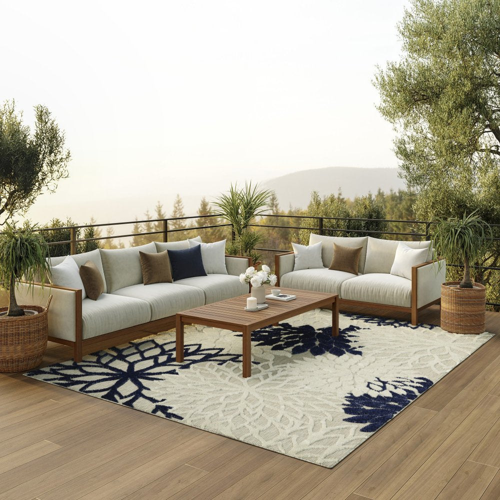 10' X 13' Ivory And Blue Indoor Outdoor Area Rug