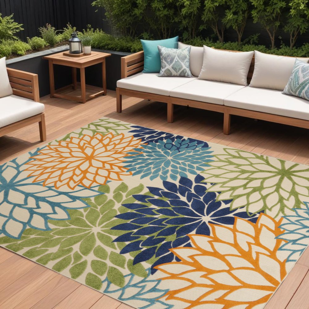 9' X 12' Blue And Orange Indoor Outdoor Area Rug