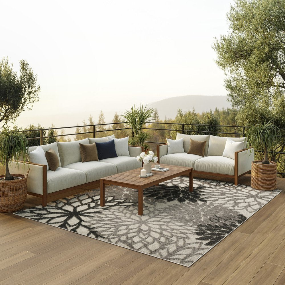 10' X 13' Silver Grey Floral Non Skid Indoor Outdoor Area Rug