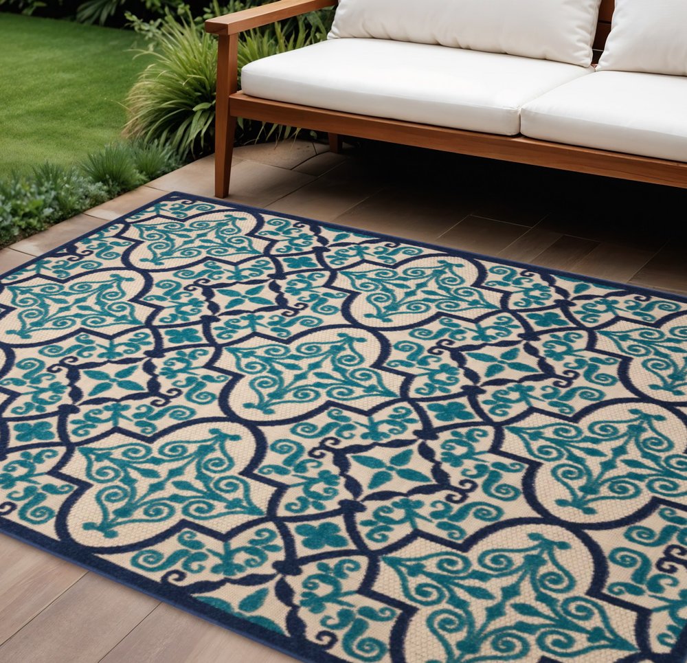 10' X 13' Blue And Ivory Indoor Outdoor Area Rug
