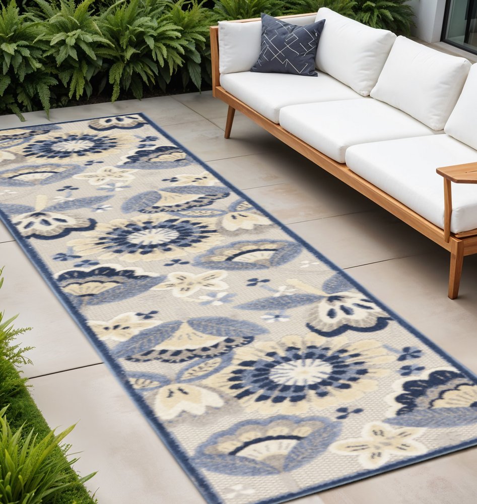 12' Blue And Gray Indoor Outdoor Runner Rug