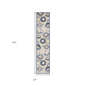 12' Blue And Gray Indoor Outdoor Runner Rug