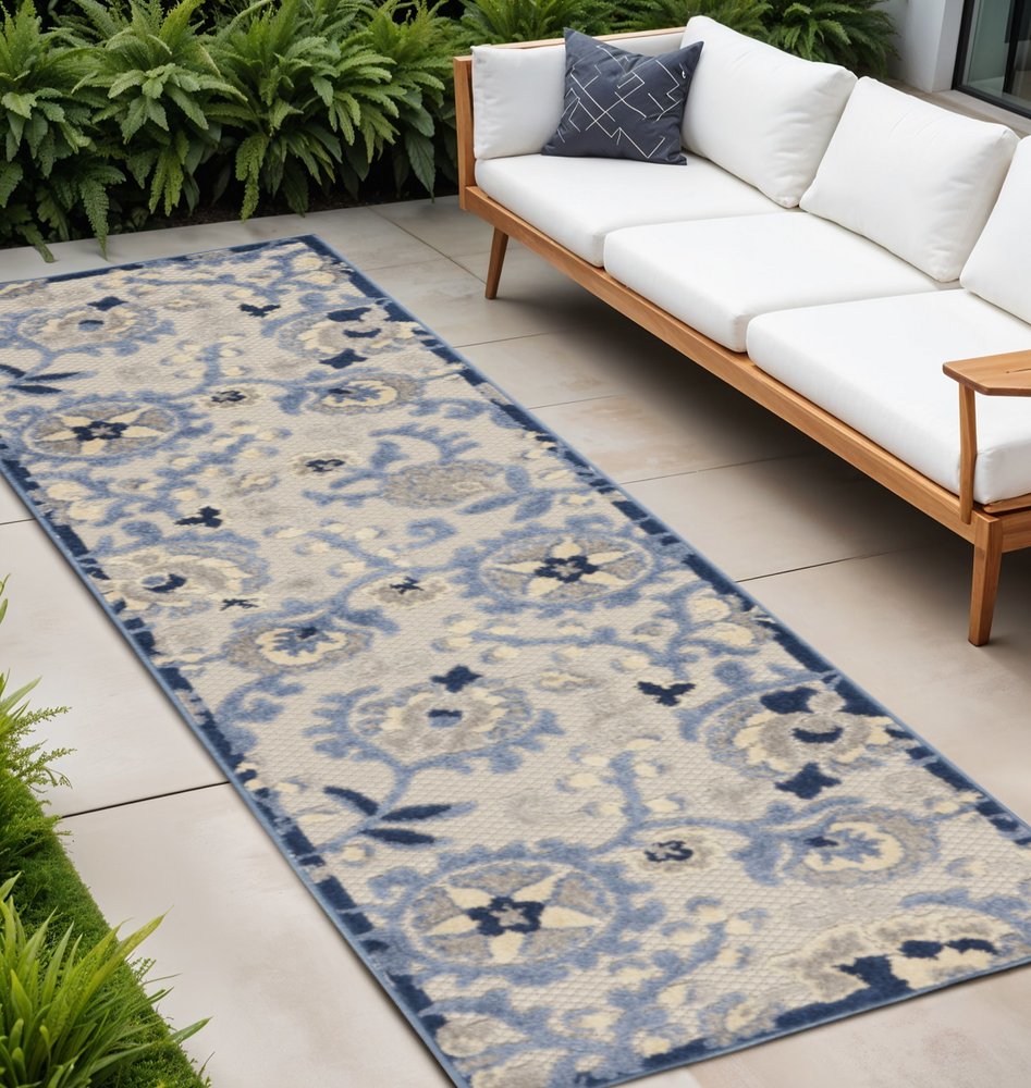 8' Blue And Gray Indoor Outdoor Runner Rug