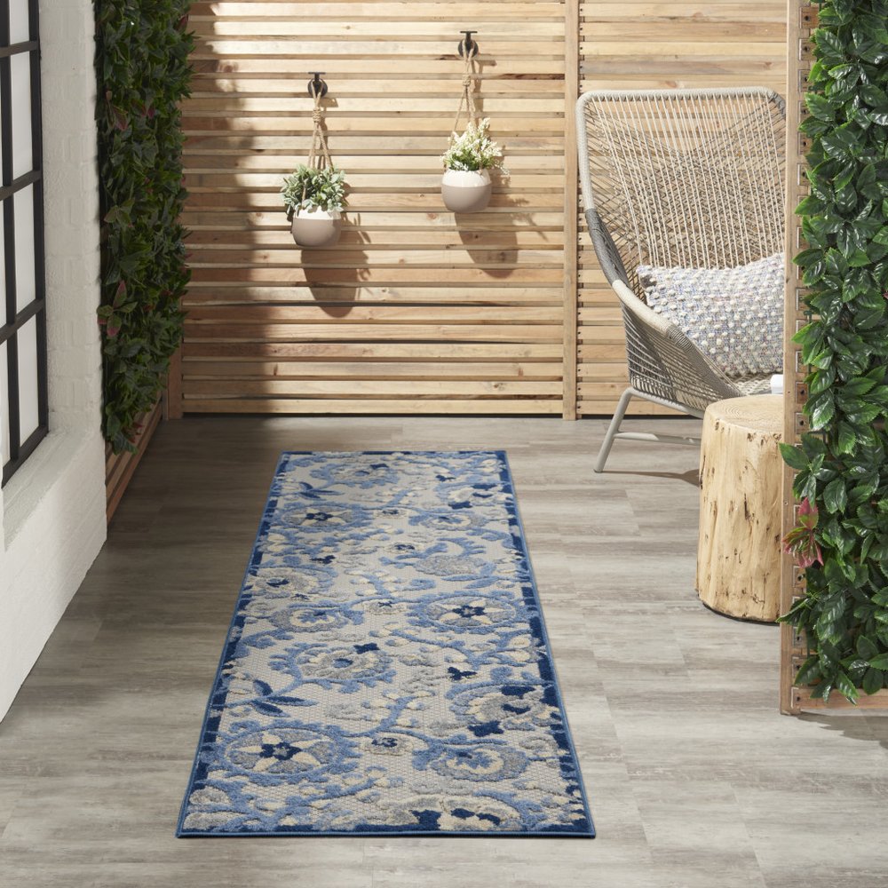 8' Blue And Gray Indoor Outdoor Runner Rug