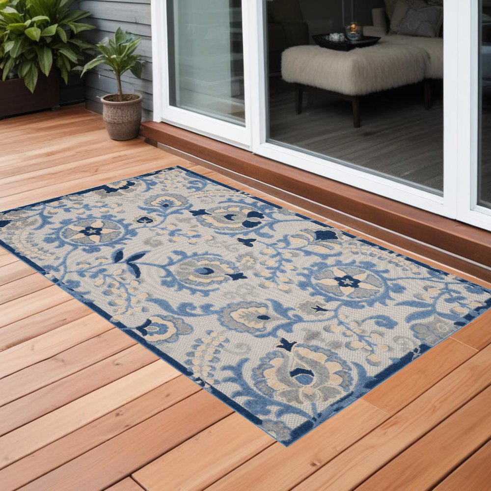 3' X 4' Blue And Gray Indoor Outdoor Area Rug
