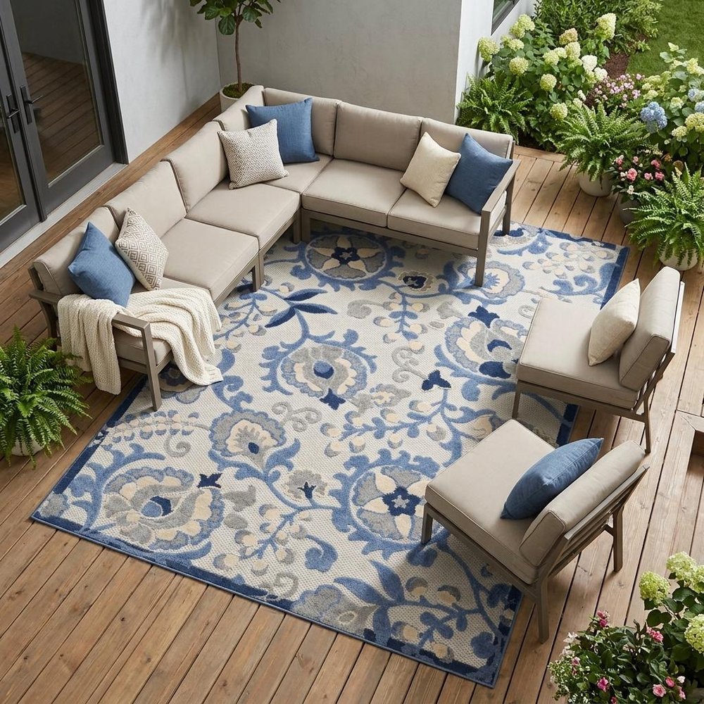 6' X 9' Blue And Gray Indoor Outdoor Area Rug