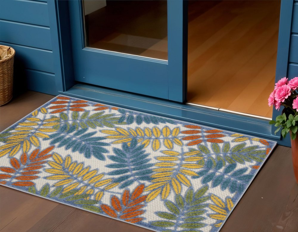 3' X 4' Ivory And Blue Indoor Outdoor Area Rug