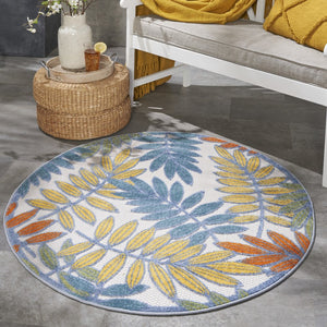 4' Ivory And Blue Round Indoor Outdoor Area Rug